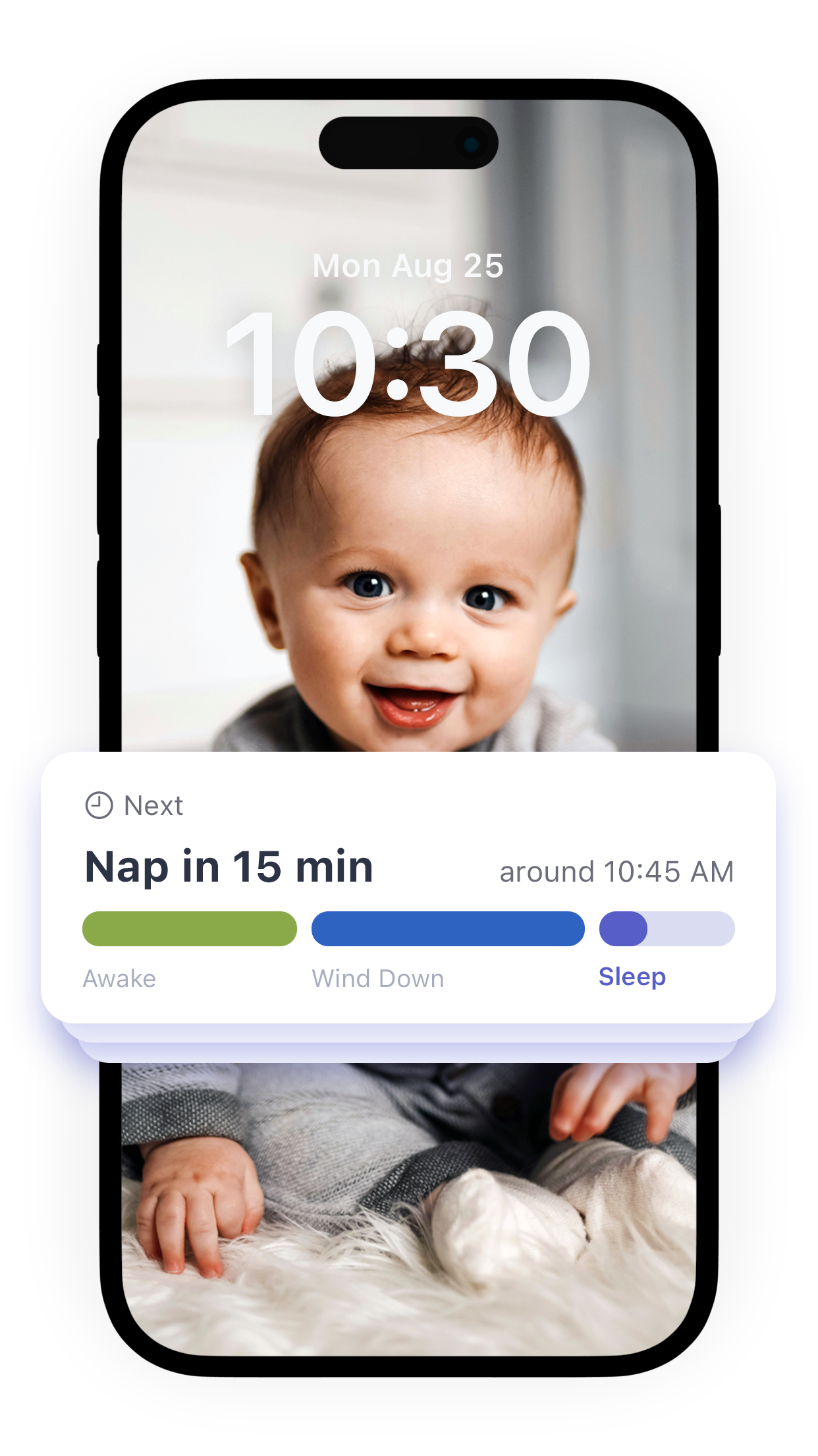 Sprout Sleep Forecast prediction on the Lock Screen showing the next nap in 15 minutes