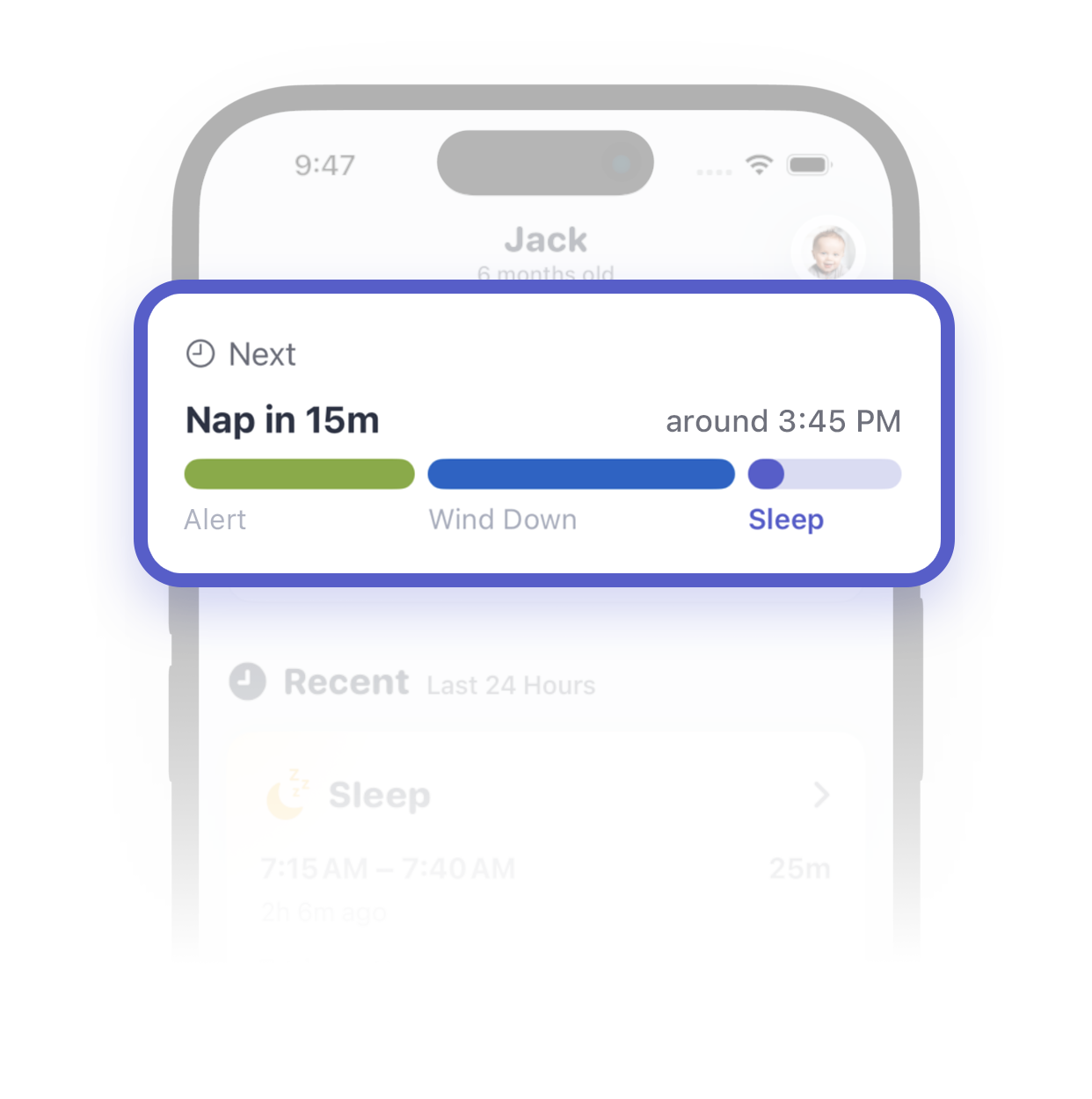 Sprout Sleep Forecast card predicting a nap in 15 minutes, with Alert, Wind Down, and Sleep stages