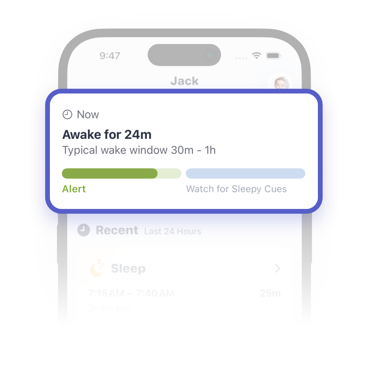 Sprout Sleep Forecast card showing a baby awake for 24 minutes, with a typical wake window of 30 minutes to 1 hour