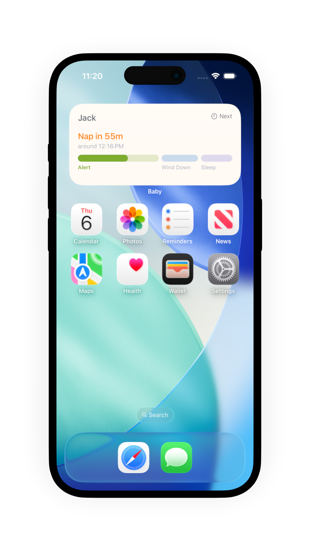 Sprout's Sleep Forecast widget on an iPhone Home Screen, showing a baby's next nap prediction